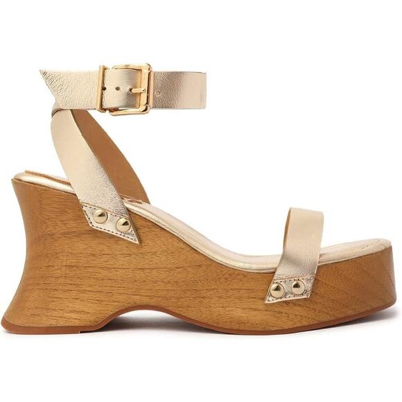 SCHUTZ Shoes - SCHUTZ Lansy Buckle Ankle Strap Wooden-sole Platform Sandals in Gold Size 9.5